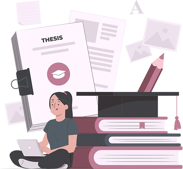 Tesis profesional con libros, documento académico y estudiante buscando en su laptop hacemos tu tesis